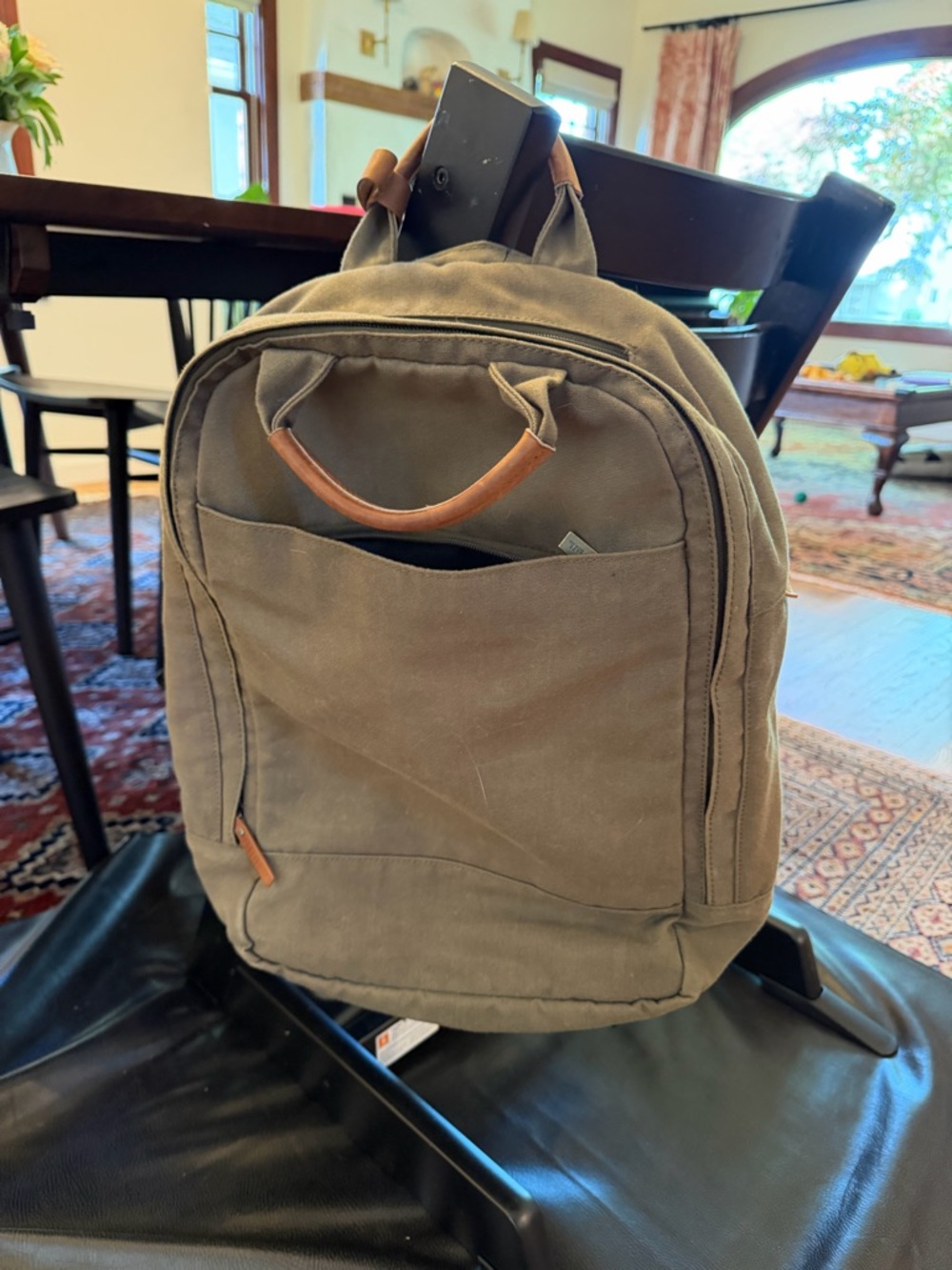 Day Owl Canvas Travel Backpack in Khaki with Leather Handle